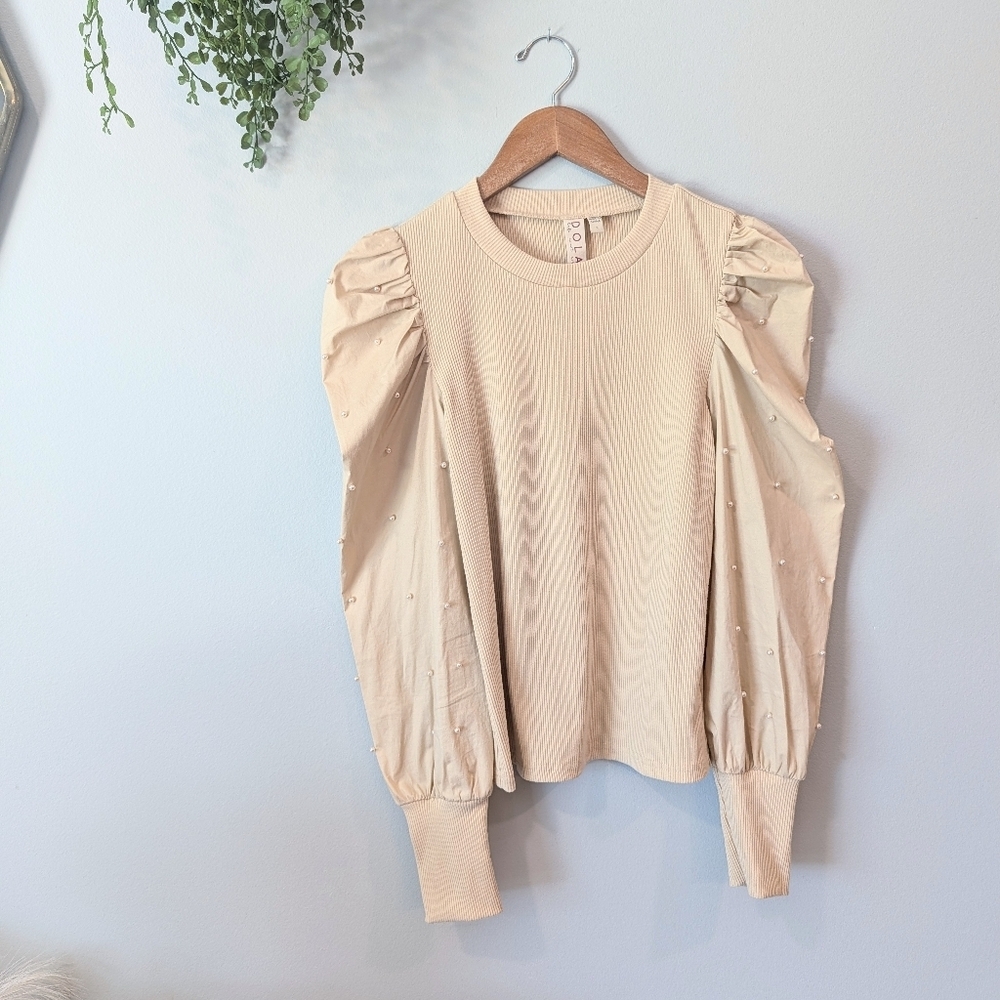 Dolan Cream And Pearl Accent Puff Sleeve Top Size Small
